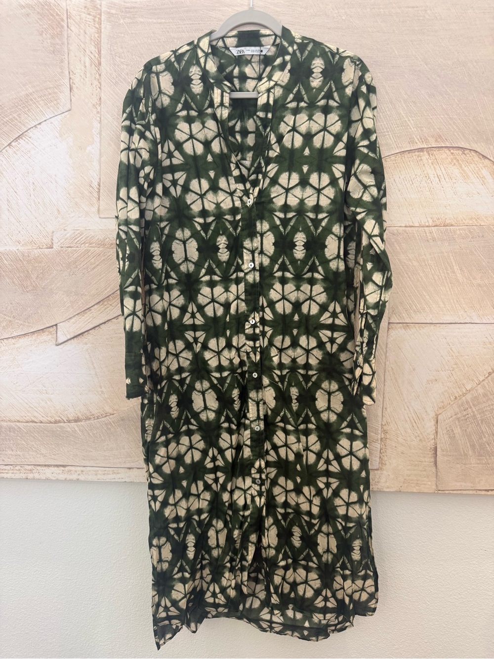 Zara Green Cream Tie Dye Button Front Midi Shirt Dress M